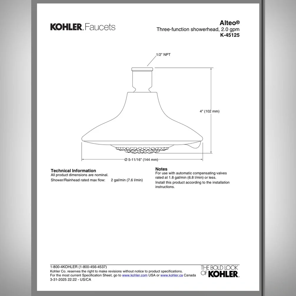 Brand new! Kohler Alteo Multifunction Showerhead, 2.0
GPM K-45125 - Picture 9 of 15